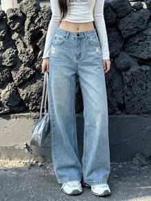 Women's Distressed Light Blue Jeans, Loose Straight Leg Floor Length Casual Pants - Blue - View 1