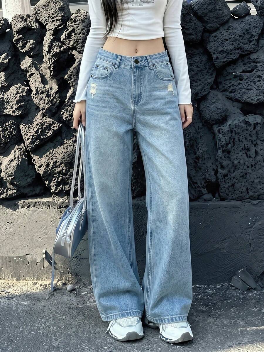 Women's Distressed Light Blue Jeans, Loose Straight Leg Floor Length Casual Pants - Blue - View 1