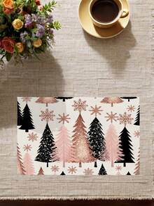 2/4/6 Pcs Christmas Deer Snowman Christmas Tree Print Table Placemat Watercolor Cartoon Style Polyester Rectangle Heat Resistant Dining Table Mat For Christmas Winter Party Home Decor - Pink - View 4