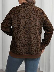Women's Plus Size Casual Leopard Print Half-Zip Sweatshirt, Simple & Relaxed Fit - Brown - View 3