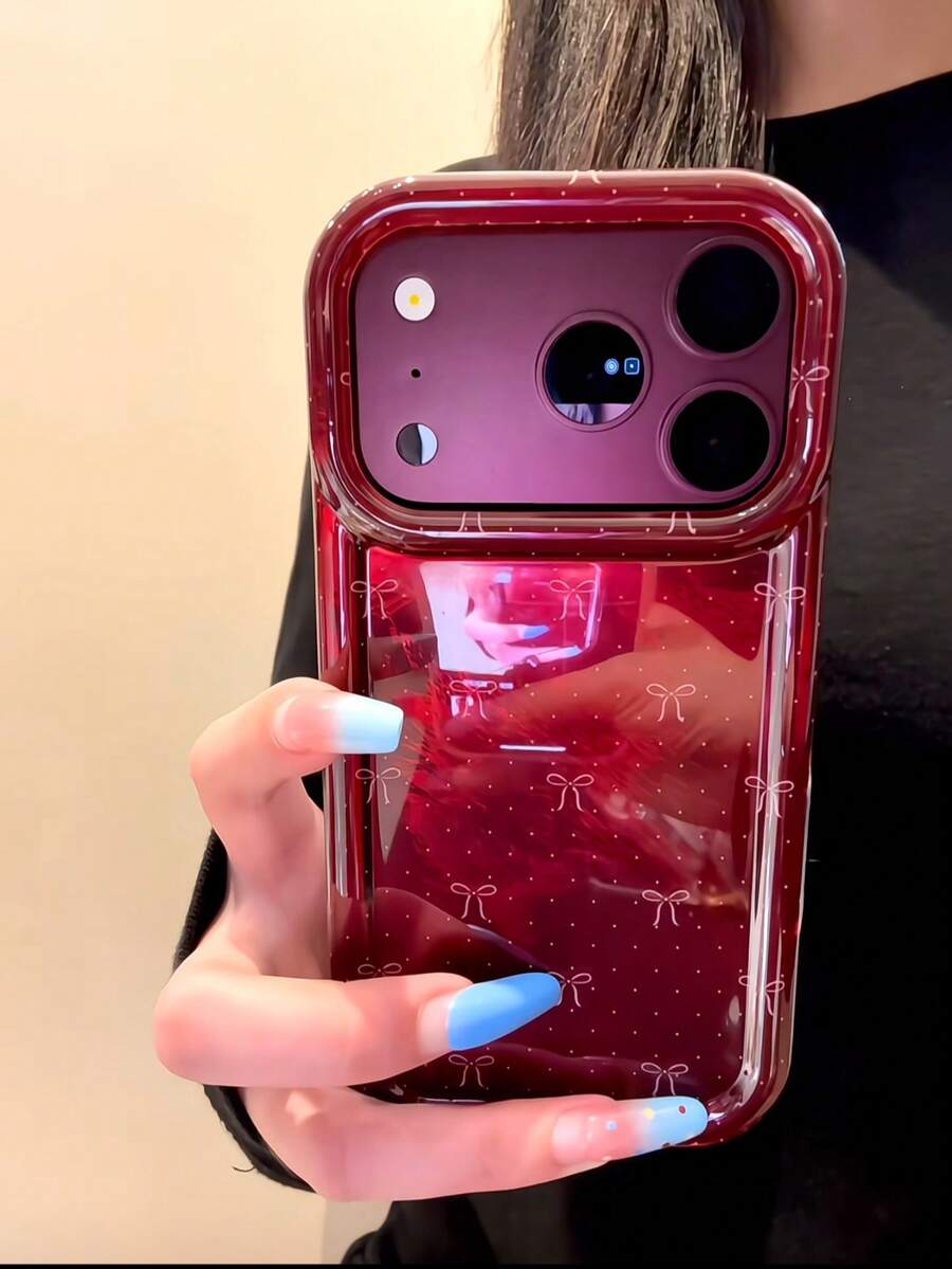 Ins Style Minimalist Laser Burgundy Polka Dot Bow Phone Case Compatible With Apple 18 Pro Max, 17 Pro, New 16 Pro, 15 Pro, Women's Hard Shell With Wrist Strap - Red - View 1