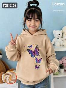 Autumn Winter Girls Fleece Hoodie With Colorful Butterfly Print Long Sleeve Y2K - Apricot - View 2