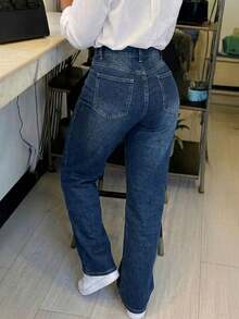 Celana Jeans Denim Wanita Model Vintage Longgar Gaya Boyfriend Lurus - Dark Wash - View 4