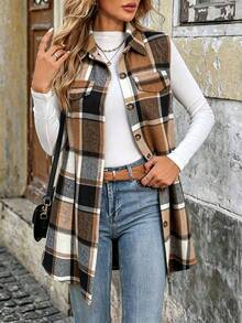 Women's Plus Size Sleeveless Plaid Button Cardigan Vest, Regular Fit Cardigan Waistcoat For Autumn/Winter - Khaki - View 1