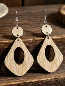 1 Pasang Anting-Anting Gaya Bohemian Minimalis Geometris Berongga Belah Ketupat Dua Lapis Patchwork Vintage - coklat muda - View 3
