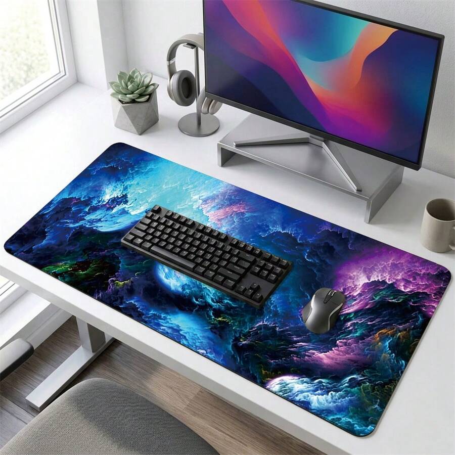 Large Nebula Cloud Gaming Mouse Pad, Colorful Abstract Art Desk Mat, Non‑Slip Rubber Base Keyboard Pad For Laptop PC, Home & Gamer Desktop Decoration - Cosmic Nebula - View 1