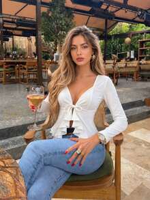 Vuslat Women's Autumn French Style Commute White Slim Fit Ruffle Front Open Blouse, Halloween, Wedding, Outing, Back To School - White - View 8