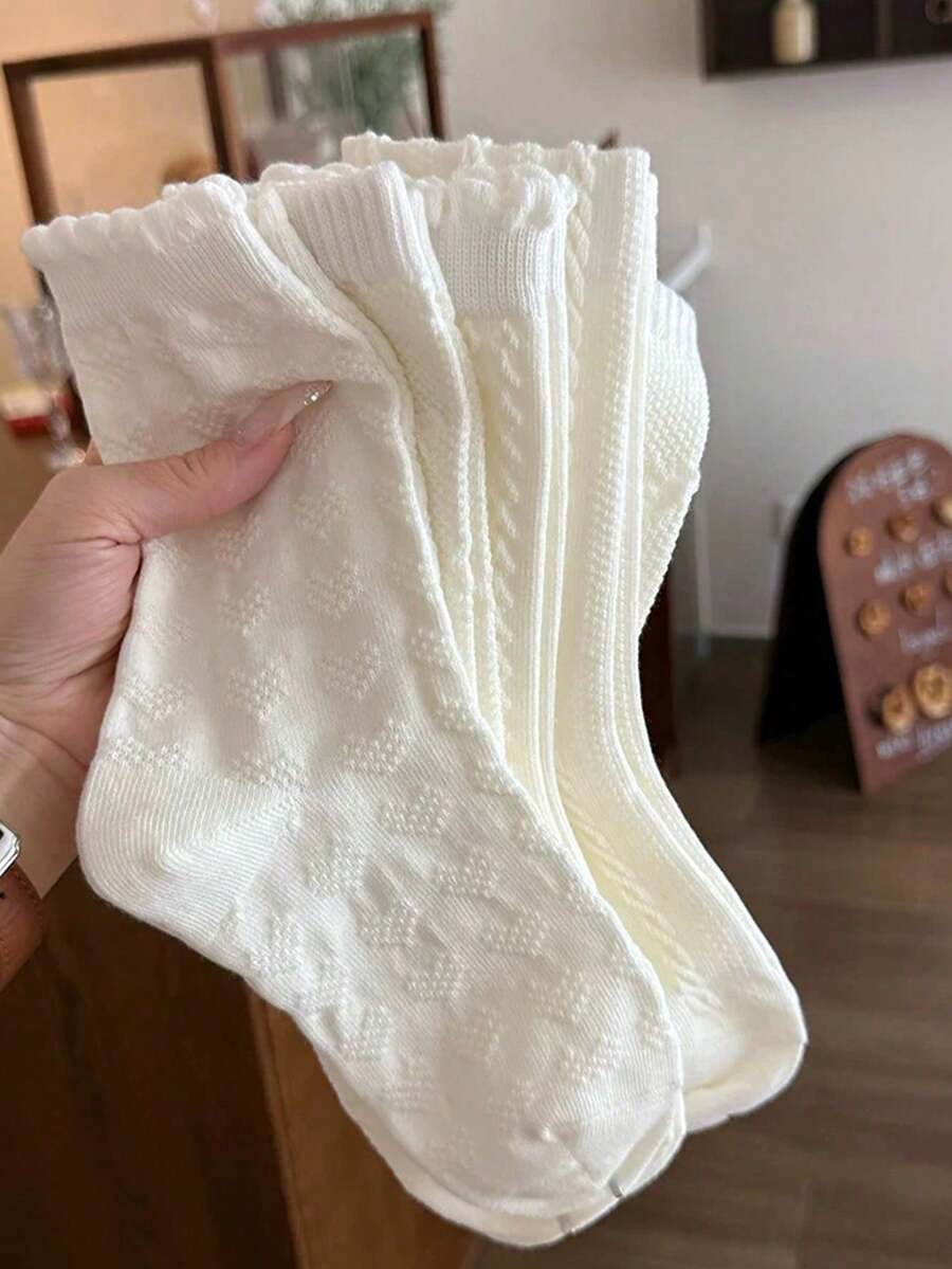 4 Pairs Women's Solid Color Ruffle Trim Cable Knit Printed Mid-Calf Socks, Soft And Comfortable, Suitable For All Seasons, Random Color - White - View 1