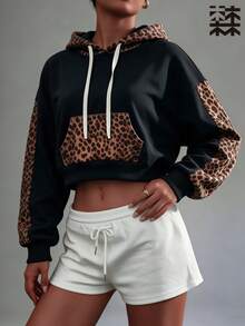mulinsen Women's Leopard Print Patchwork Short Sweatshirt Sweatshirt, Drawstring Drop Shoulder Sports Sweatshirt, Suitable For Daily Streetwear Style - Black - View 3