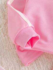 Autumn/Winter Baby Girl Cute Casual Pink Round Neck Bow Print Loose Sweatshirt & Pink Jogger Pants Versatile Commute Outfit - Pink - View 9