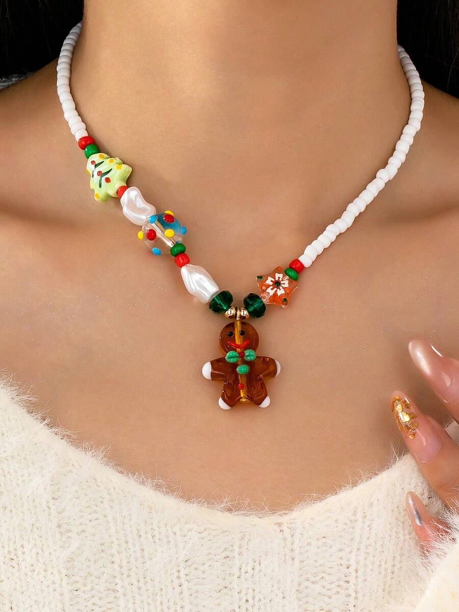 1 Pc Bohemian Boho Christmas Beaded Necklace, Handmade Glass Gingerbread Man Pendant , Xmas Party Jewelry, Holiday Festive Accessories Gift - Christmas Pendant Necklace - View 1