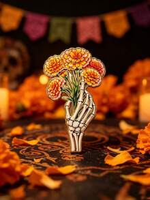 Halloween Skeleton Hand Holding Bouquet Brooch, Bone Hand Holding Orange Yellow Chrysanthemum Design Brooch, Dark Romantic Gothic Style Coat Sweater Backpack Hat Decoration Accessory - A - View 3