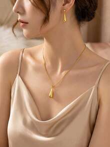 RAYQUEEN 1PC Stainless Steel Fashion Water Drop Pendant Necklace + Stud Earrings Jewelry, Suitable For Daily Wear - Gold - View 4