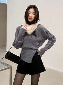 Women's Solid Color Cable Knit Split Hem Crew Neck Long Sleeve Sweater Base Layer For Winter - Grey - View 1