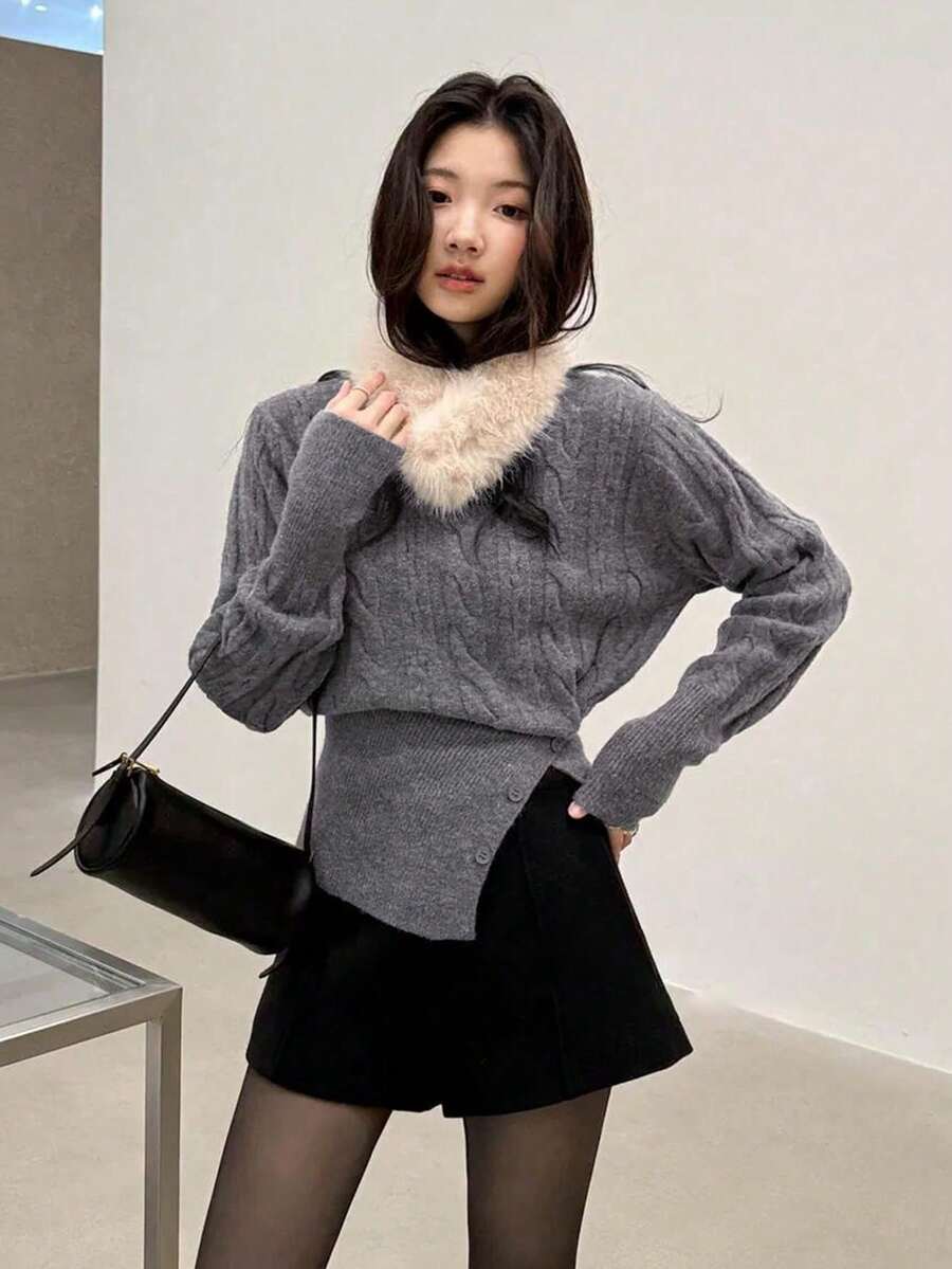 Women's Solid Color Cable Knit Split Hem Crew Neck Long Sleeve Sweater Base Layer For Winter - Grey - View 1
