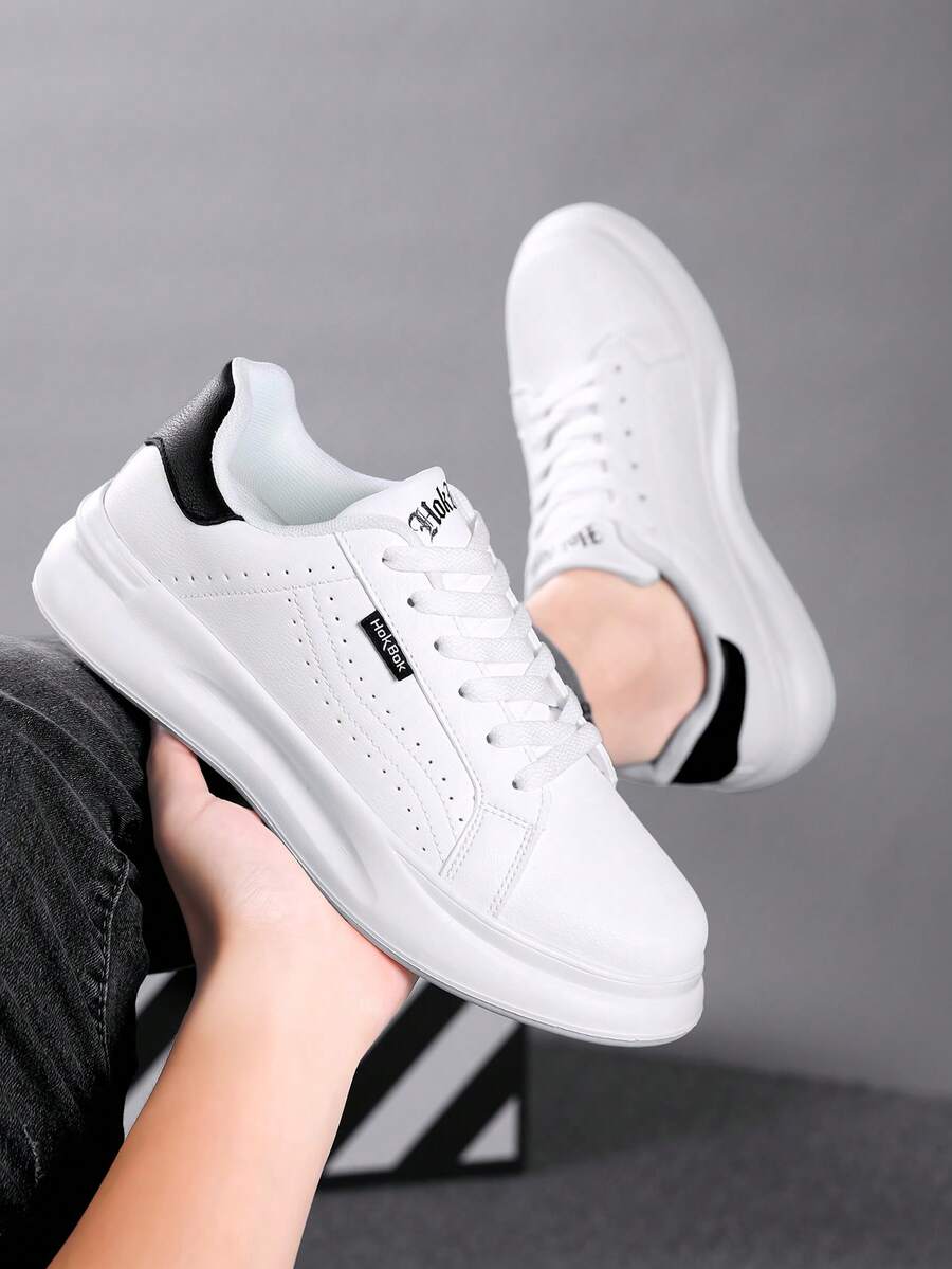 Men's Height-Increasing Breathable Contrast Color Perforated Round Toe Low-Top Lace-Up Thick Sole Street Style White PU Sneakers - Black - View 1