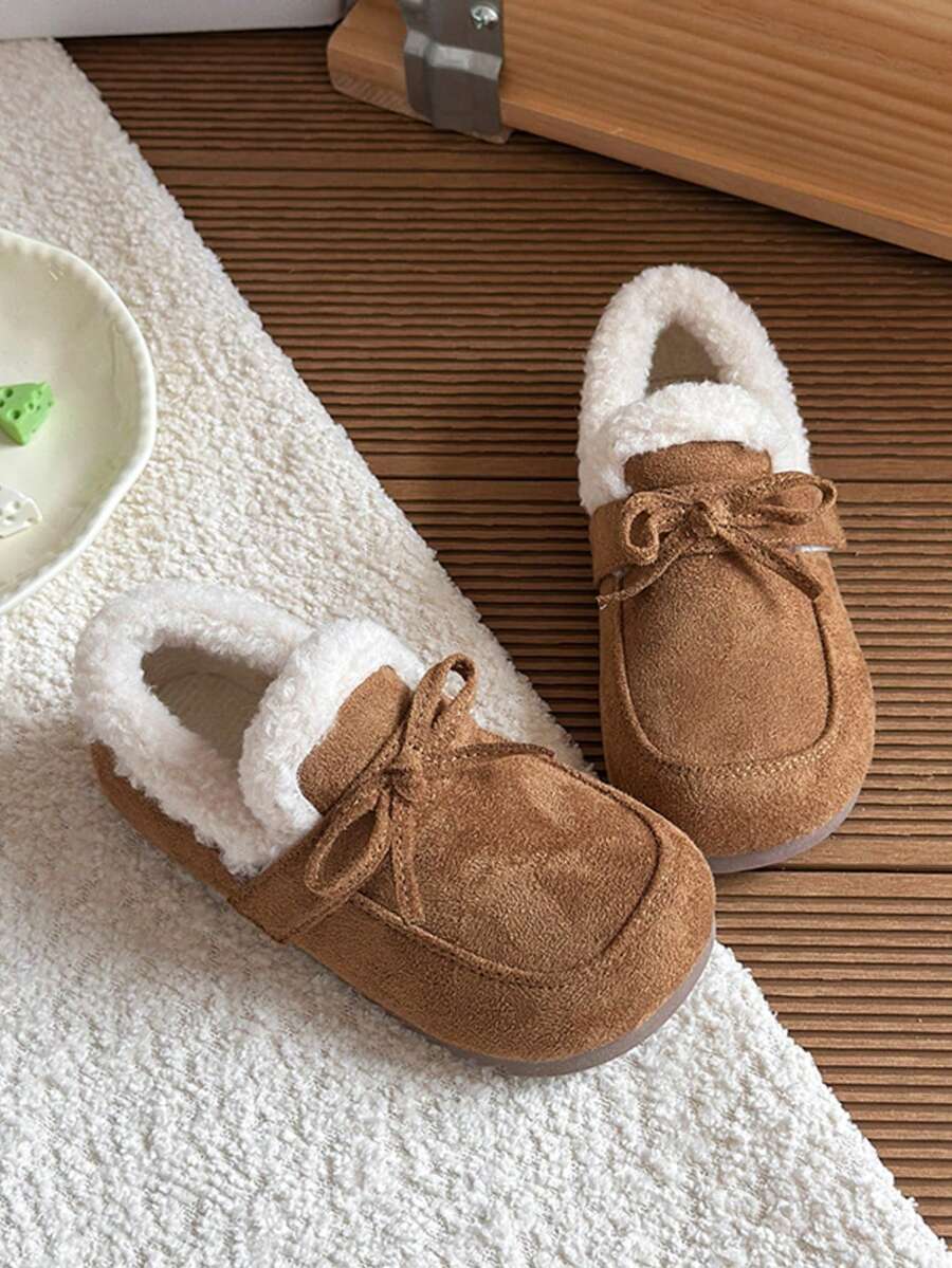 Unisex Kids Warm Driving Loafers With Bow Decor, Plush Collar, Soft Lining, Comfortable For Daily Wear And Outings - Brown - View 1