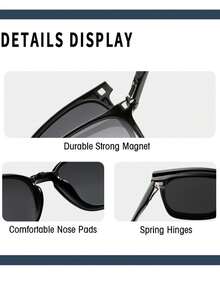 Unisex 3-In-1 Magnetic Clip On Square Eyewear Set With 3 Replaceable Lens & Storage Pouch,Suitable For Driving Daily Wear - Grey - View 8