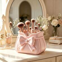 1pc 3D Printed Pink Bow Makeup Brush Storage Bucket, Cosmetic Beauty Product Storage Box, Multifunctional Desktop Pen Holder, Makeup Bag Shaped Beauty Display Stand, Dressing Table Makeup Tool Storage Box, Bathr - Pink - View 1