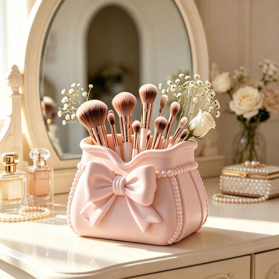 1pc 3D Printed Pink Bow Makeup Brush Storage Bucket, Cosmetic Beauty Product Storage Box, Multifunctional Desktop Pen Holder, Makeup Bag Shaped Beauty Display Stand, Dressing Table Makeup Tool Storage Box, Bathr - Pink - View 1