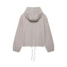 HH Women's Plaid Print Drawstring Hem Hooded Jacket, Fashionable Streetwear Coat - Grey - View 5