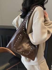 新款百搭復古女款包，美拉德風麂皮極簡主義 Hobo 托特包，大容量通勤休閒單肩包 - 棕色 - 查看 10