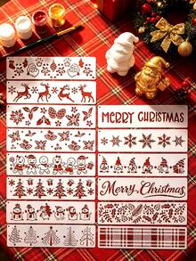 14pcs Christmas Long Strip Hollow Stencil DIY Decor, Suitable For Living Room, Fireplace, Bedroom, Art Studio, Christmas Party. Can Be Used For Painting On Walls, Wooden Boards, Canvas, Greeting Cards, Gift Boxes, Notebooks, Fabrics, Suitable For Border Decoration, Holiday Art Creation, Handmade Projects, Handmade Gift Making, Reusable - Christmas Garland - View 8