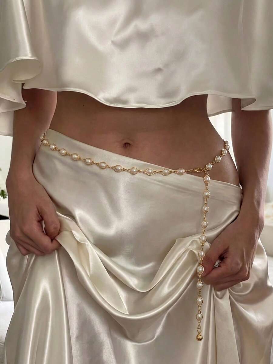 1件女款金色珍珠腰帶，優雅珍珠珠飾與流蘇垂墜鏈條，性感飾品，適合舞會、宴會及日常穿著 - 金黃色 - 查看 1