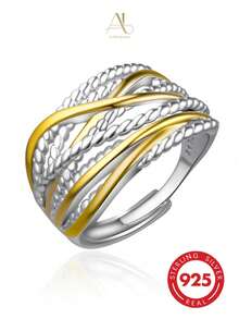 1pc Vintage Two-Tone S925 Sterling Silver Twisted Rope Textured Polished Gold-Tone Intertwined Wide Open Ring For Women, Daily Wear Gift - Multicolor - View 8