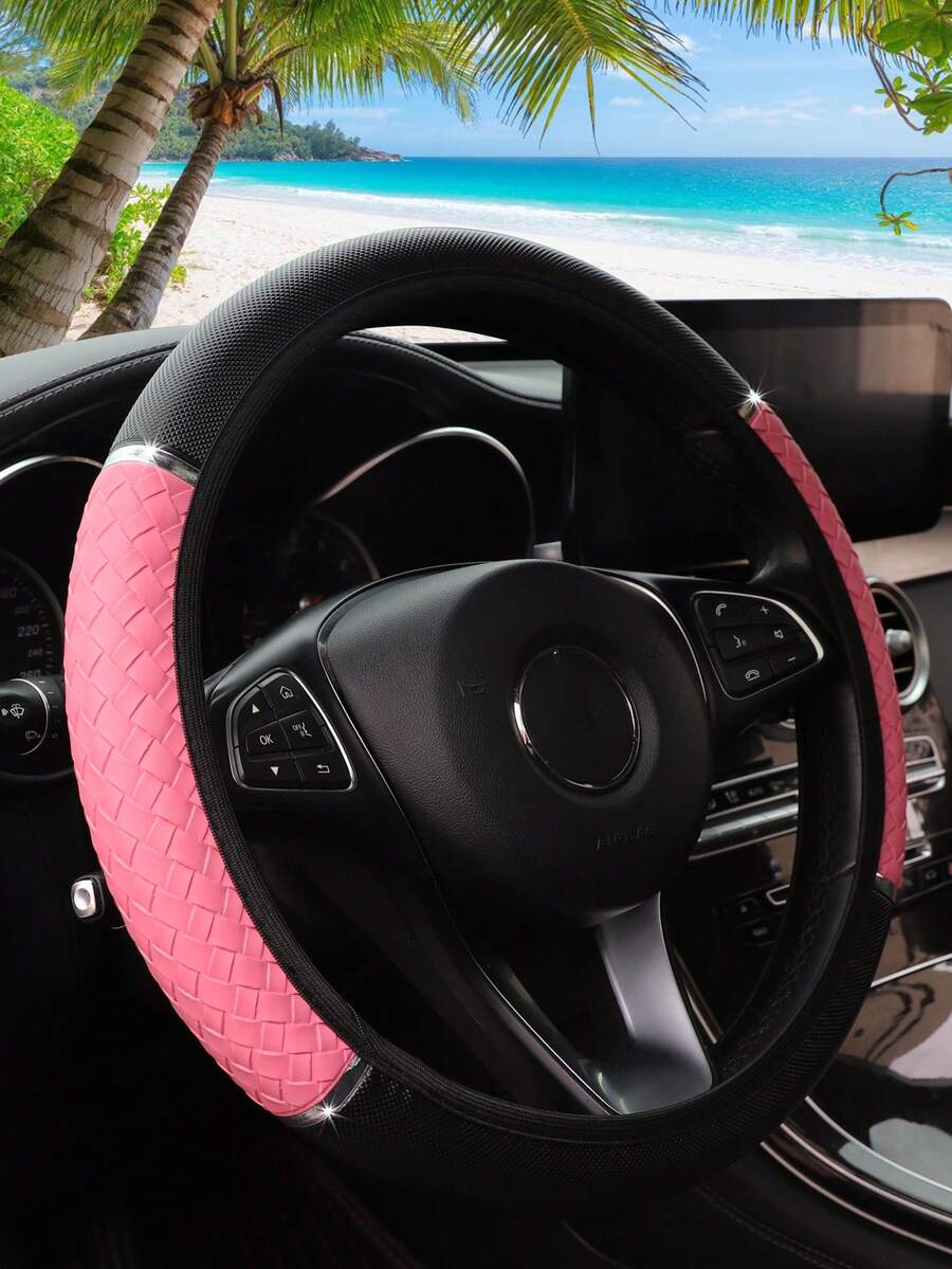 MEIKAXIU PU Braided Leather Metal Strip Decor Car Steering Wheel Cover Without Inner Ring, Suitable For 38cm (15in) Car Accessories For Women
