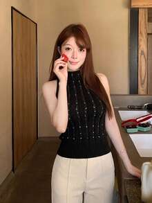 Sexy Heavy Embellished Rhinestone Stand Collar Sleeveless Knit Tank Top Women Summer Design Slim Fit Flattering Crop Top Black - Black - View 4