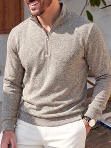 Men's Half-Zip Mock Neck Long Sleeve Knit Sweater, Casual Commute Half-Open Front Pullover - Khaki - View 8