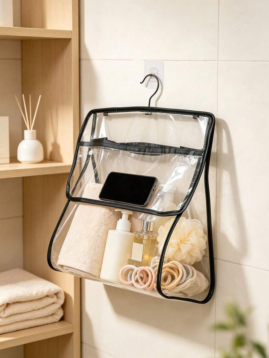 1pc Clear Transparent Hanging Storage Bag, Simple Style PVC Rectangular Organizer With Dual Compartment Design, Wall Mount Pouch For Holding Towels And Small Items For Bathroom Daily Home Use
