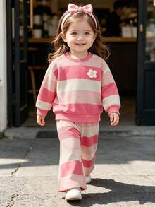 2pcs Baby Girl Sweet Energetic Style 3D Knitted Flower Decor Striped Crew Neck Long Sleeve Sweatshirt & Matching Straight Leg Pants Set, Spring/Autumn - Watermelon Pink - View 1