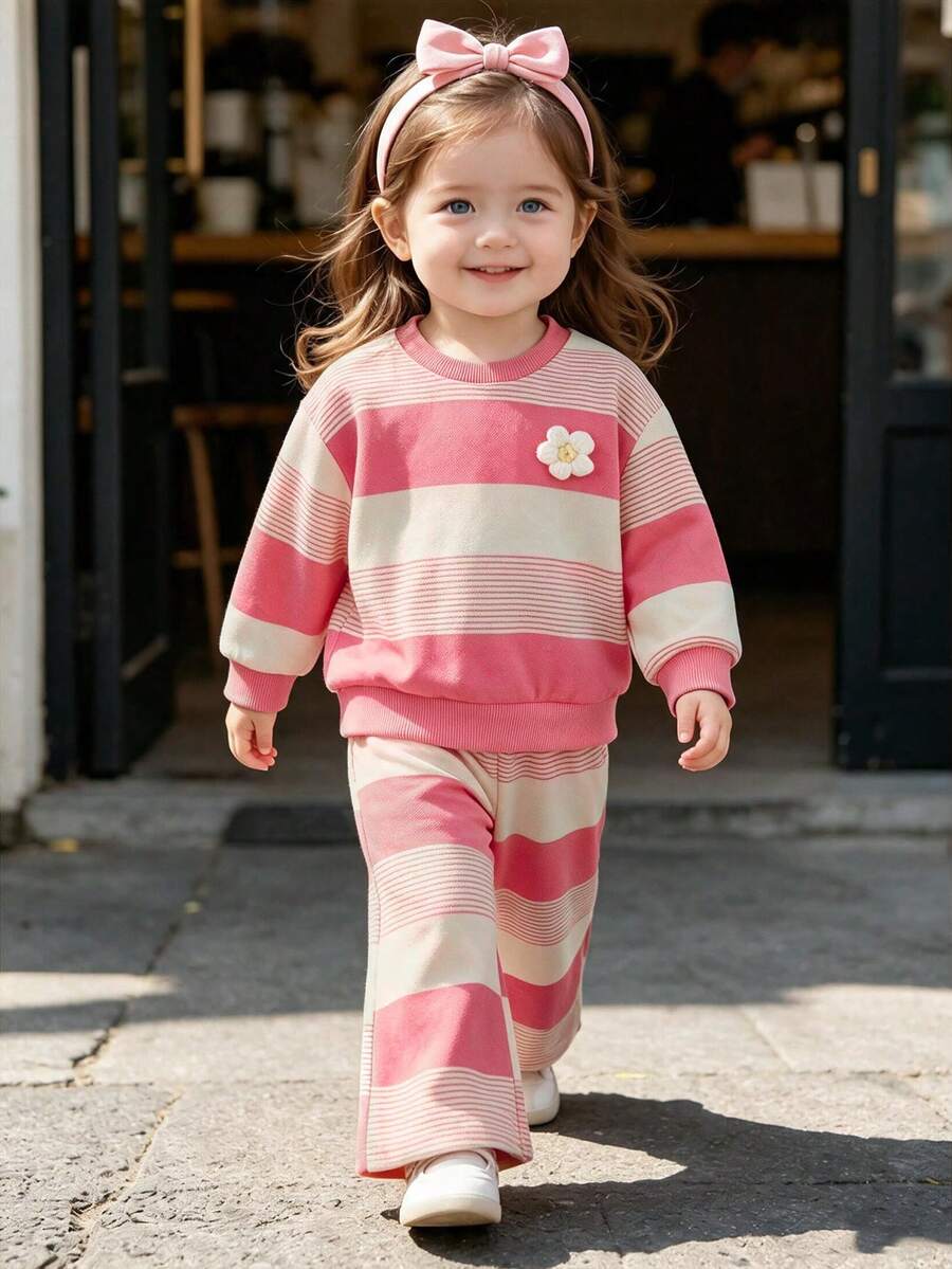 2pcs Baby Girl Sweet Energetic Style 3D Knitted Flower Decor Striped Crew Neck Long Sleeve Sweatshirt & Matching Straight Leg Pants Set, Spring/Autumn - Watermelon Pink - View 1