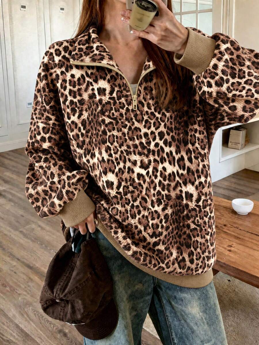 Plus Size Leopard Print Half-Zip Stand Collar Sweatshirt, Casual Long Sleeve Drop Shoulder Ribbed Trim Pullover, Suitable For Autumn/Winter - Camel - View 1