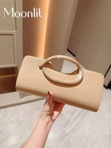 1件歐美時尚金屬裝飾迷你方盒手拿包，高端亮面金屬條手提包，女士優雅奢華晚宴包，適合正式禮服，PU皮革派對包/浪漫婚禮手拿包/舞會包/雞尾酒會包，適用於學校舞會，附金屬鍊條 - 杏色 - 查看 3