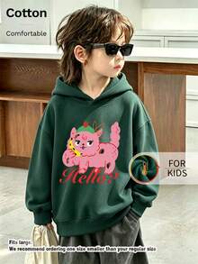 Kids Cute Long Sleeve Hoodie With Pink Cartoon Cat & Hello Letter Print Casual Drawstring Pullover - Dark Green - View 3