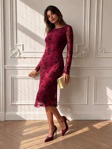 Robes florales VINOVA pour femmes, robe midi élégante à manches longues et dos nu, tenues de festival d'automne et d'hiver, robe du Nouvel An, robe de Noël, Halloween - Rouge foncé - Voir 4