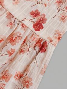 Women's Summer Lightweight White Ditsy Floral Short Dress, Puff Short Sleeve Layered Flowy Dress, Suitable For Coffee Shop And Daily Outings - Apricot - View 5