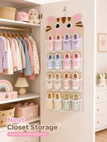 1pc Cute Tanuki‑Patterned Cat/Pig Shoe Storage Hanging Bag, 16‑Compartment Hanging Shoe Rack, Adorable Cartoon Shoe Box, Dustproof Foldable Shoe Bag, Multi‑Pocket Shoe Rack,For Home Organization, Girls' Room Decor, And Bedroom Storage. - Multicolor - View 11