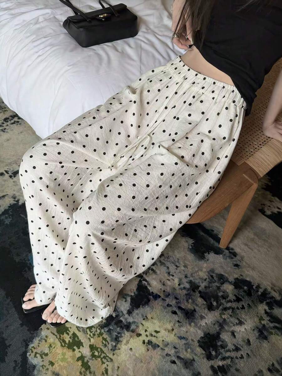 女款寬腿長褲，夏季新款彈性腰抽繩鬆顯波點圖案，附口袋，休閒輕盈透氣慵懶日常長褲 - 白色 - 查看 1