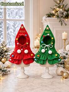 Personalized Christmas Tree Pet Shawl, Customized Embroidered Holiday Outfit, Suitable For Cats And Dogs, Red And Green Holiday Design, Perfect For Christmas Parties And Small Pets - Multicolor - View 9