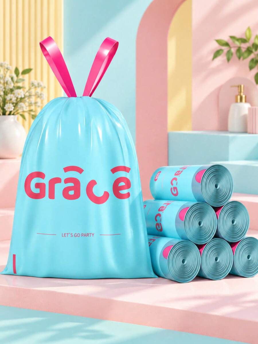 2 Rolls 200pcs Dopamine Tear-Free Drawstring Thickened Hand-Carry Extra Thick Kitchen Waste Garbage Bags Large Cartoon Design, Suitable For Kitchen, Bathroom, Living Room, RV, Bedroom, Office, Halloween And Christmas Gifts - A - View 1