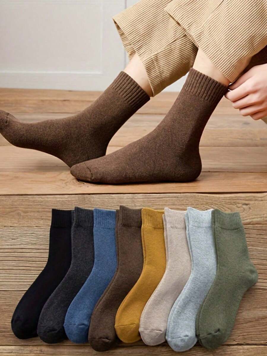 10/5/3/1 Pair Women's Winter Thermal Lined Socks, Random Style, Thick Warm Solid Color Mid-Calf Home Socks, Randomly Sent - Multicolor - View 1