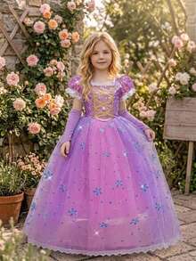 Tween Girls Purple Sequin Embroidered Floral Mesh Glamorous Long Ball Gown Princess Dress For Evening Party, Birthday Stage, Christmas, With Sleeves, Without Headband - Purple - View 3