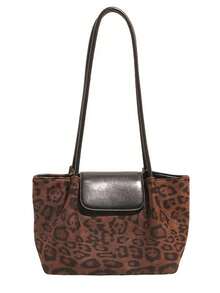 Women's Vintage Leopard Print One Shoulder Tote Bag, Retro Colorblock Faux Leather Flap Bohemian Style Handbag, Soft Lightweight Fabric Underarm Bag - Multicolor - View 7