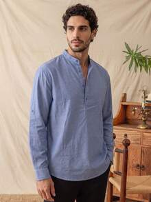 glestore Men's Vintage Oxford Cotton-Feel Long Sleeve Shirt, Fashionable Casual Versatile, Suitable For Commuting And Vacation - Blue - View 2