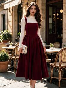 DONICY Women's Elegant Autumn Square Neck Cami Midi Dress, Burgundy High Waist Flowy A-Line Long Dress - Burgundy - View 9