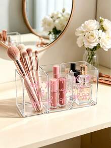 Organizer Meja & Rias Akrilik Plastik Pita Merah Muda dengan Kotak Penyimpanan 3 Kompartemen - Tempat Kuas Makeup Lucu, Rak Hemat Ruang Ringkas Cocok untuk Kamar Mandi, Kantor, Meja Rias - Mudah Dirakit, Organizer Parfum - MultiWarna - View 5